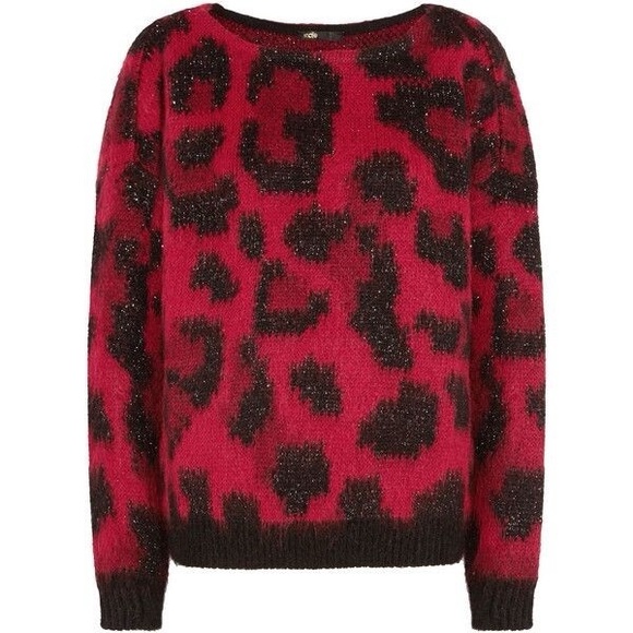 Maje Sweaters - Maje kolette leopard animal print crewneck burgundy mohair blend sweater 1 - S